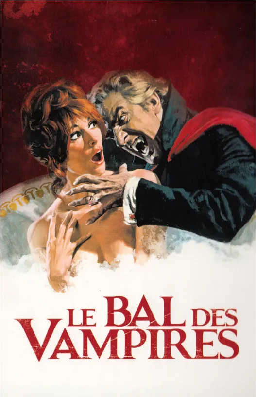 un homme en costume de vampire attaque une femme en robe rouge, affiche du film le bal des vampires