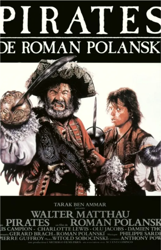 un pirate avec un perroquet sur l'épaule et un autre homme, affiche du film pirates