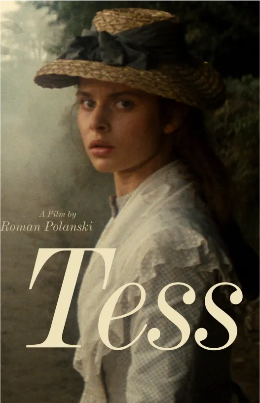 une femme blonde avec un chapeau, élégante dans une tenue du 19ème siècle, affiche du film Tess