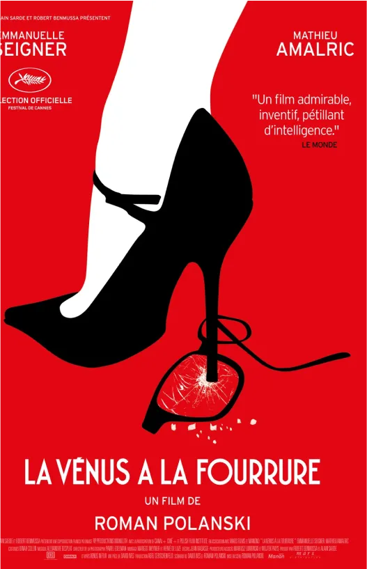 affiche rouge avec escarpin noir du film la venus à la fourrure