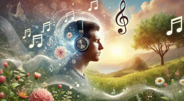 Un jeune homme écoute de la musique avec un casque, des notes volent autour de lui