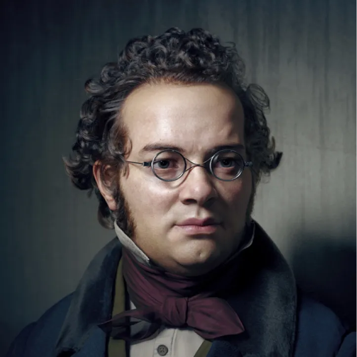 Portrait de Franz Schubert, homme élégant avec des petites lunettes rondes